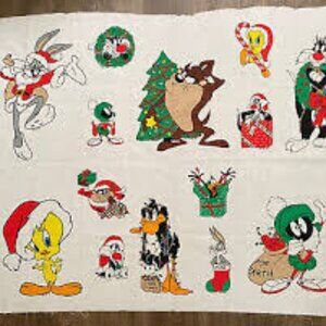 Vtg 1994 Warner Bros. Christmas Looney Tunes Taz Tweety... Fabric Panel